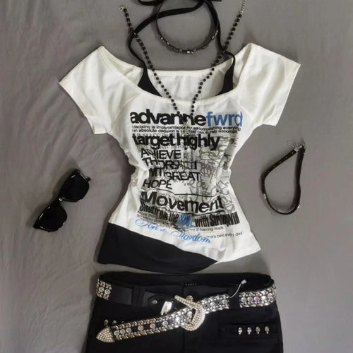 Load image into Gallery viewer, Streetwear Fake Two Pieces Halter Bandage Women T-shirt Harajuku Letter Printing Crop Tops Y2k Aesthetic Bodycon Grunge Tees
