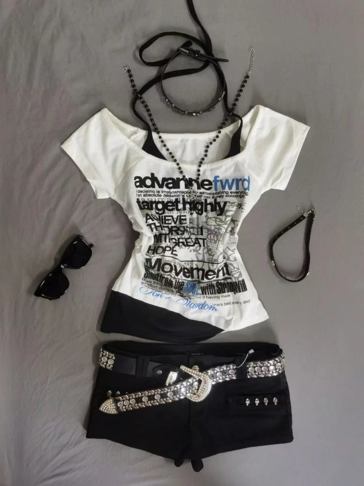 Streetwear Fake Two Pieces Halter Bandage Women T-shirt Harajuku Letter Printing Crop Tops Y2k Aesthetic Bodycon Grunge Tees