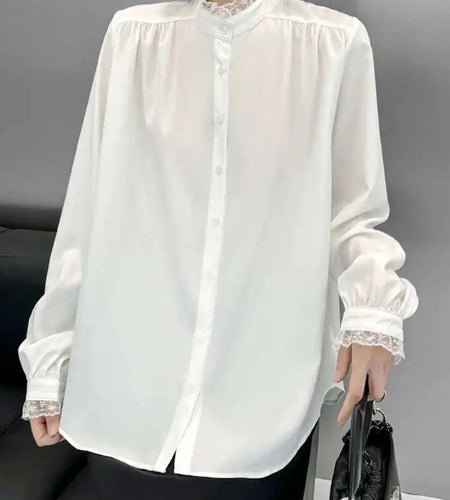 Women White Lace Big Size Elegant Blouse New Stand Collar Long Sleeve Shirt Fashion Tide Spring Autumn 2025 1DH9942
