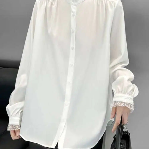 Load image into Gallery viewer, Women White Lace Big Size Elegant Blouse New Stand Collar Long Sleeve Shirt Fashion Tide Spring Autumn 2025 1DH9942
