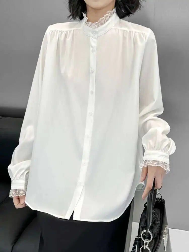 Women White Lace Big Size Elegant Blouse New Stand Collar Long Sleeve Shirt Fashion Tide Spring Autumn 2025 1DH9942