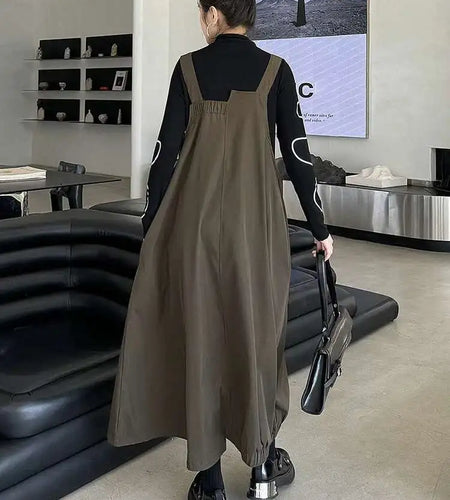 Women Coffee Irregular Spliced Big Size Strap Dress New Square Collar Sleeveless Fashion Tide Spring Autumn 2025 1DJ0050