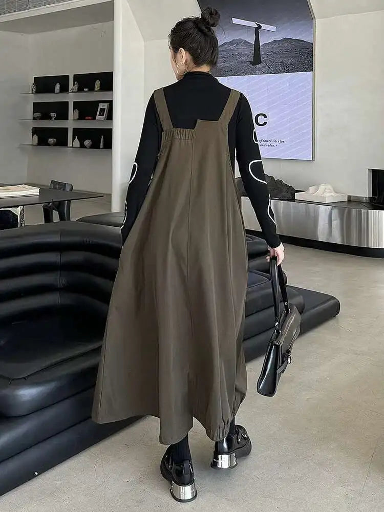 Women Coffee Irregular Spliced Big Size Strap Dress New Square Collar Sleeveless Fashion Tide Spring Autumn 2025 1DJ0050