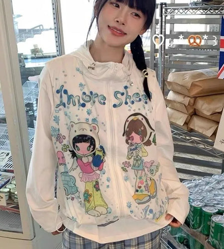 Y2k Aesthetic Cartoon Print Vest Hooded Coats Women Harajuku Casual Sleeveless Jacket Streetwear Drawstring Kawaii Cute Tops