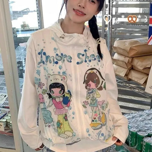 Load image into Gallery viewer, Y2k Aesthetic Cartoon Print Vest Hooded Coats Women Harajuku Casual Sleeveless Jacket Streetwear Drawstring Kawaii Cute Tops
