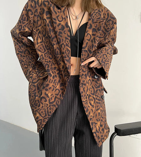 Women Leopard Print Big Size Casual Blazer New Lapel Long Sleeve Loose Fit Jacket Fashion Tide Spring Autumn 2025 1DF2518