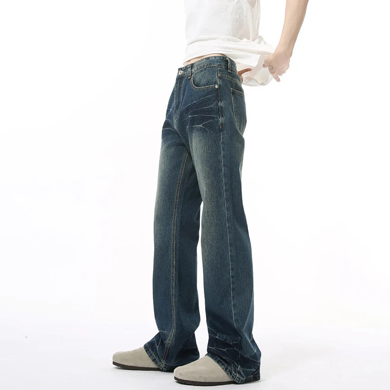 Simple Autumn Men's Jeans Slim Ripple Mill White Washing Denim Pants Korean Style Straight Leg Loose Male Bottom 9C8973