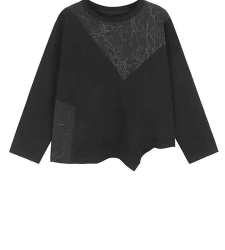 Women Black Irregular Wrinkled Big Size T-shirt New Round Neck Long Sleeve Fashion Tide Spring Autumn 2025 1DH6907