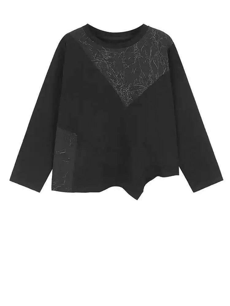 Women Black Irregular Wrinkled Big Size T-shirt New Round Neck Long Sleeve Fashion Tide Spring Autumn 2025 1DH6907