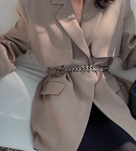 Women Khaki Metal Belted Big Size Elegant Blazer New Lapel Long Sleeve Jacket Fashion Tide Spring Autumn 2025 1DH9386