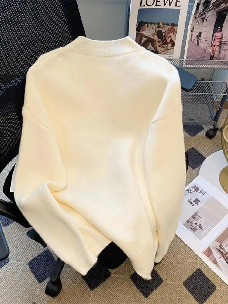 Women's Letters Star Shaped Long Sleeve Round Neck Sweater Autumn Winter Elegant Festival Versatile Knitted Thick Pullover Tops