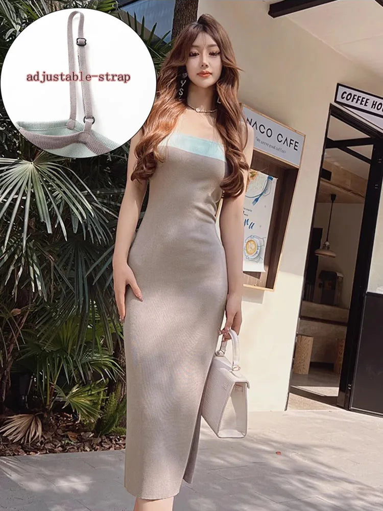 Sexy Strap Contrast Color Split Evening Dress Y2k Summer Bodycon Elegant Outfits Ladies Birthday Party Club Sundress C-077