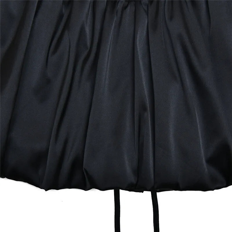 Black Lace Puffball Sexy Mini Dress For Women Fashion Lace-up Sheer Long Flare Sleeve High Waist Club Party Dress