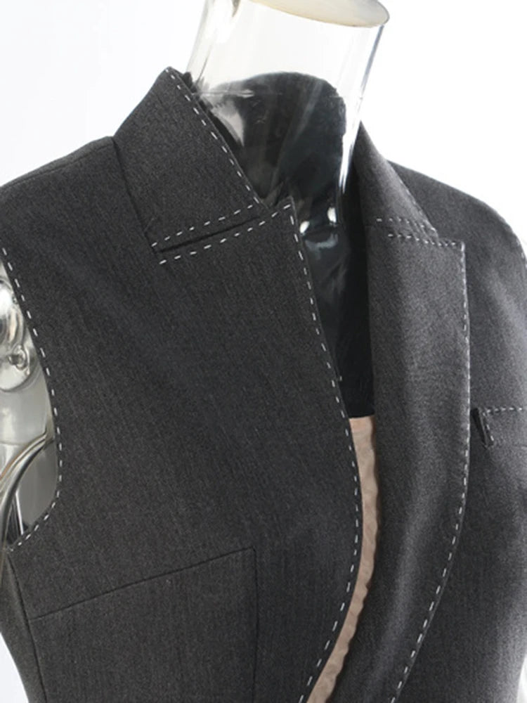 Women Gray Topstitched Mesh Elegant Shaped Long Dress New V-Neck Sleeveless Fashion Tide Spring Autumn 2025 1DJ0343