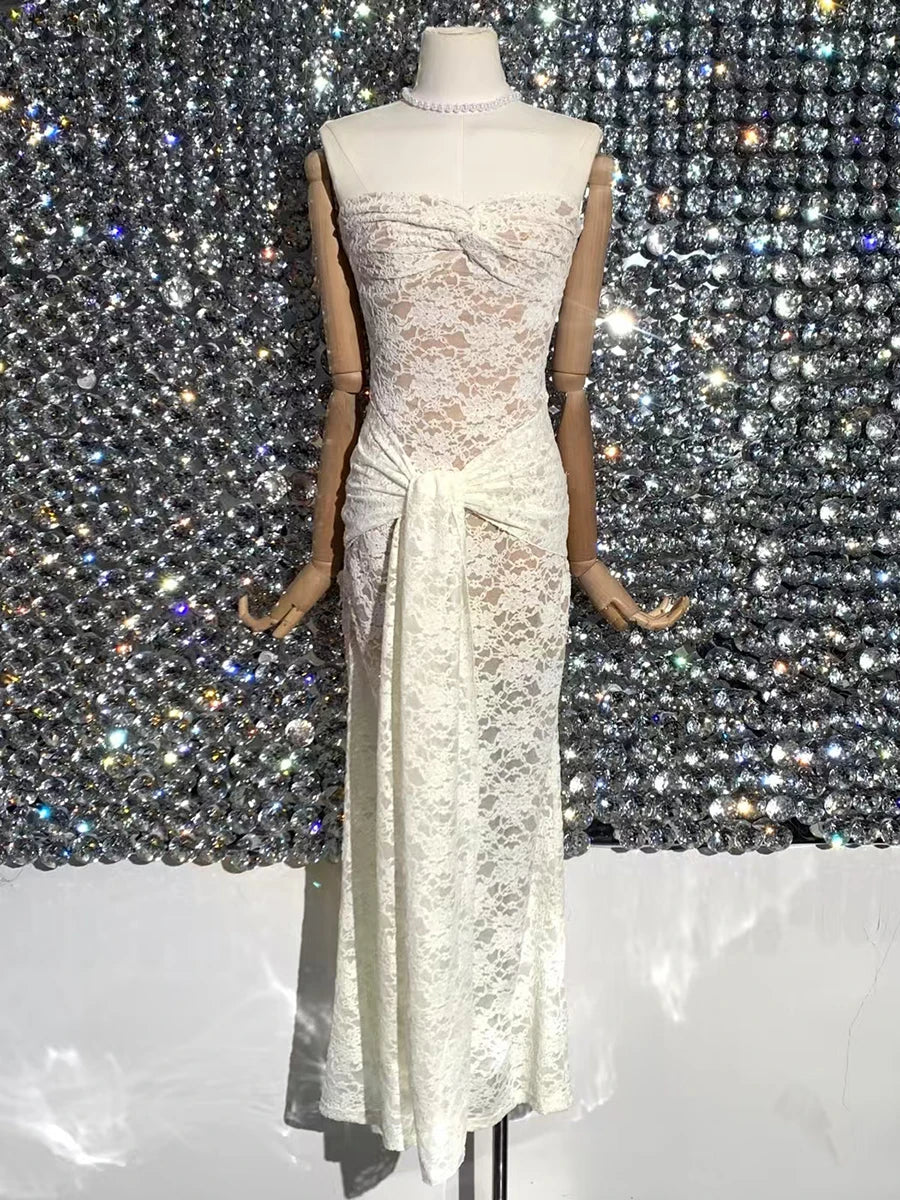 Solid Spliced Lace Up Slimming Dresses For Women Strapless Sleeveless High Wist Temperament Long Dress Female New