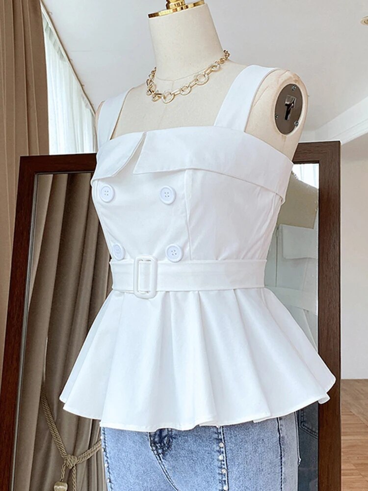 White Camis For Women Square Collar Sleeveless High Waist Sashes Solid Tank Tops Female Summer Clothing Style