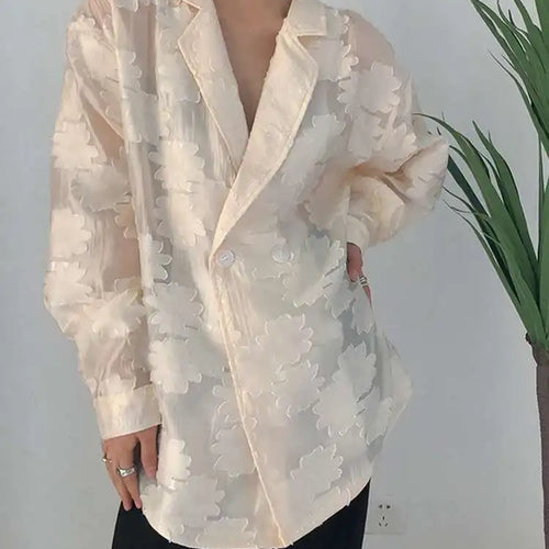 Load image into Gallery viewer, Women Beige Jacquard Embroidery Big Size Blouse New Lapel Long Sleeve Loose Fit Shirt Fashion Spring Autumn 2025 1DF1478
