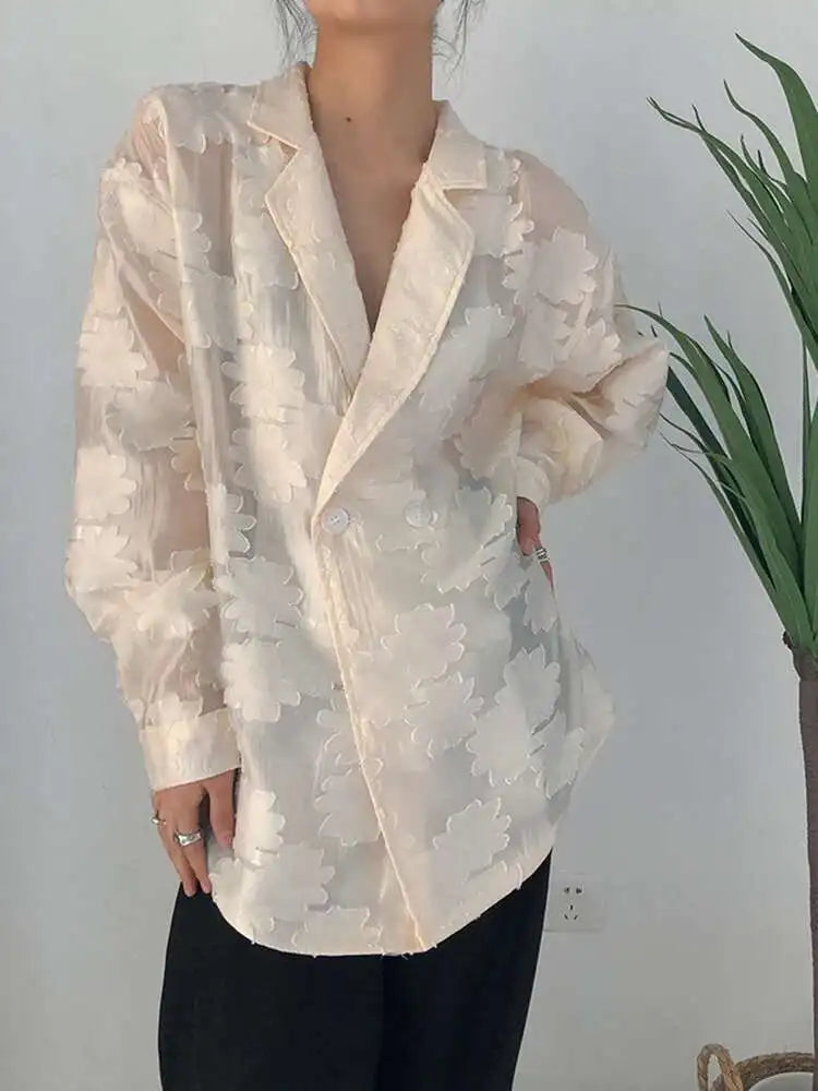 Women Beige Jacquard Embroidery Big Size Blouse New Lapel Long Sleeve Loose Fit Shirt Fashion Spring Autumn 2025 1DF1478