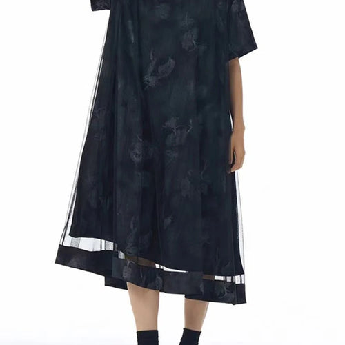 Load image into Gallery viewer, Women Blue Pattern Printed Mesh Big Size Midi Dress New Round Neck Short Sleeve Fashion Tide Spring Summer 2025 1DJ1326
