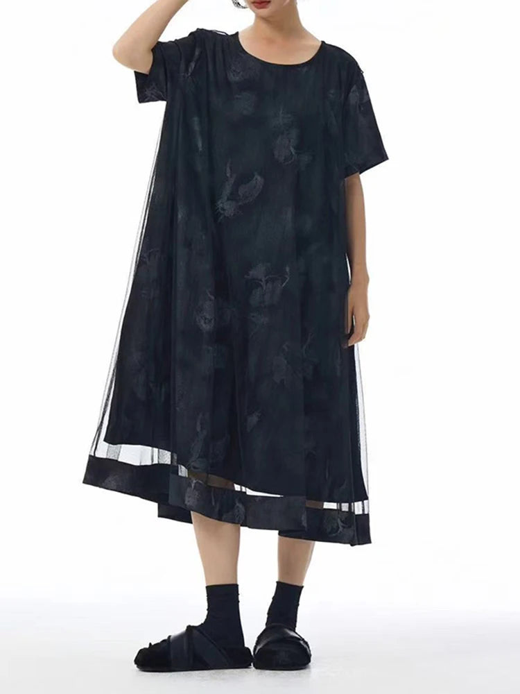 Women Blue Pattern Printed Mesh Big Size Midi Dress New Round Neck Short Sleeve Fashion Tide Spring Summer 2025 1DJ1326