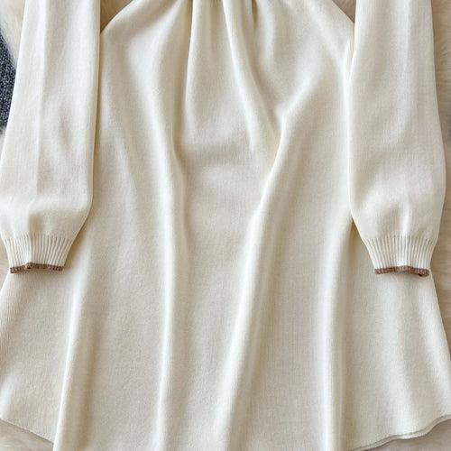 Load image into Gallery viewer, Korean Beige Patchwork Slim Long Sleeve Knitting Midi Dress Women Autumn Winter Round Neck High Waist Elegant Sweater Dress Chic
