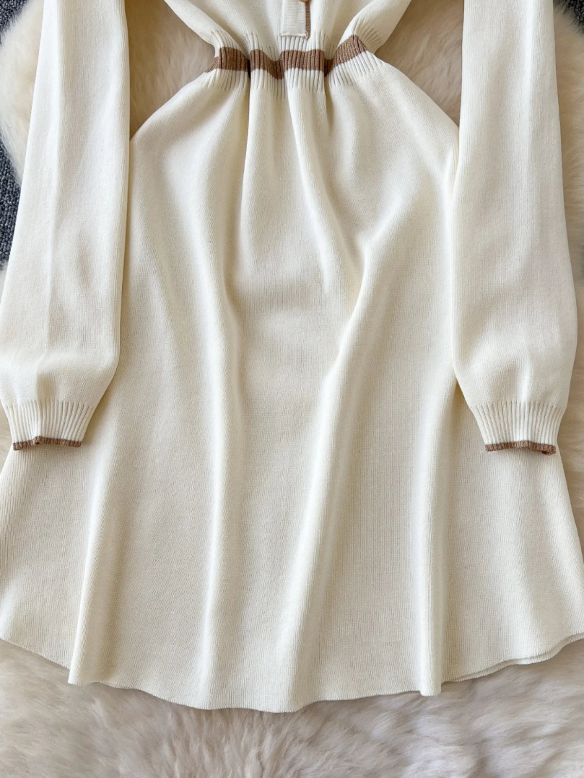 Korean Beige Patchwork Slim Long Sleeve Knitting Midi Dress Women Autumn Winter Round Neck High Waist Elegant Sweater Dress Chic