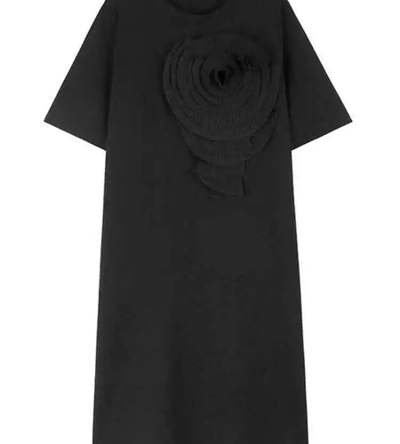 Women Wine Red Three-dimensional Flower Big Size Midi Dress New Round Neck Short Sleeve Fashion Spring Summer 2025 1DH5900