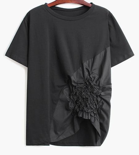 Women Black Pleated Irregular Hem Big Size T-shirt New Round Neck Long Sleeve Fashion Tide Spring Autumn 2025 1DH9924