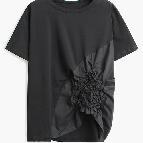 Load image into Gallery viewer, Women Black Pleated Irregular Hem Big Size T-shirt New Round Neck Long Sleeve Fashion Tide Spring Autumn 2025 1DH9924
