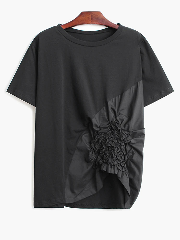 Women Black Pleated Irregular Hem Big Size T-shirt New Round Neck Long Sleeve Fashion Tide Spring Autumn 2025 1DH9924