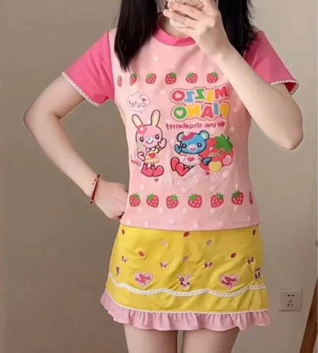 Japanese Kawaii Cartoon Print Tshirt Women Harajuku Color Patchwork Lace Sleeve Fairy T-shirt Y2k Aesthetic Grunge Cropped Tees