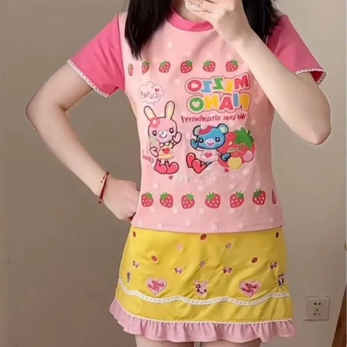 Load image into Gallery viewer, Japanese Kawaii Cartoon Print Tshirt Women Harajuku Color Patchwork Lace Sleeve Fairy T-shirt Y2k Aesthetic Grunge Cropped Tees
