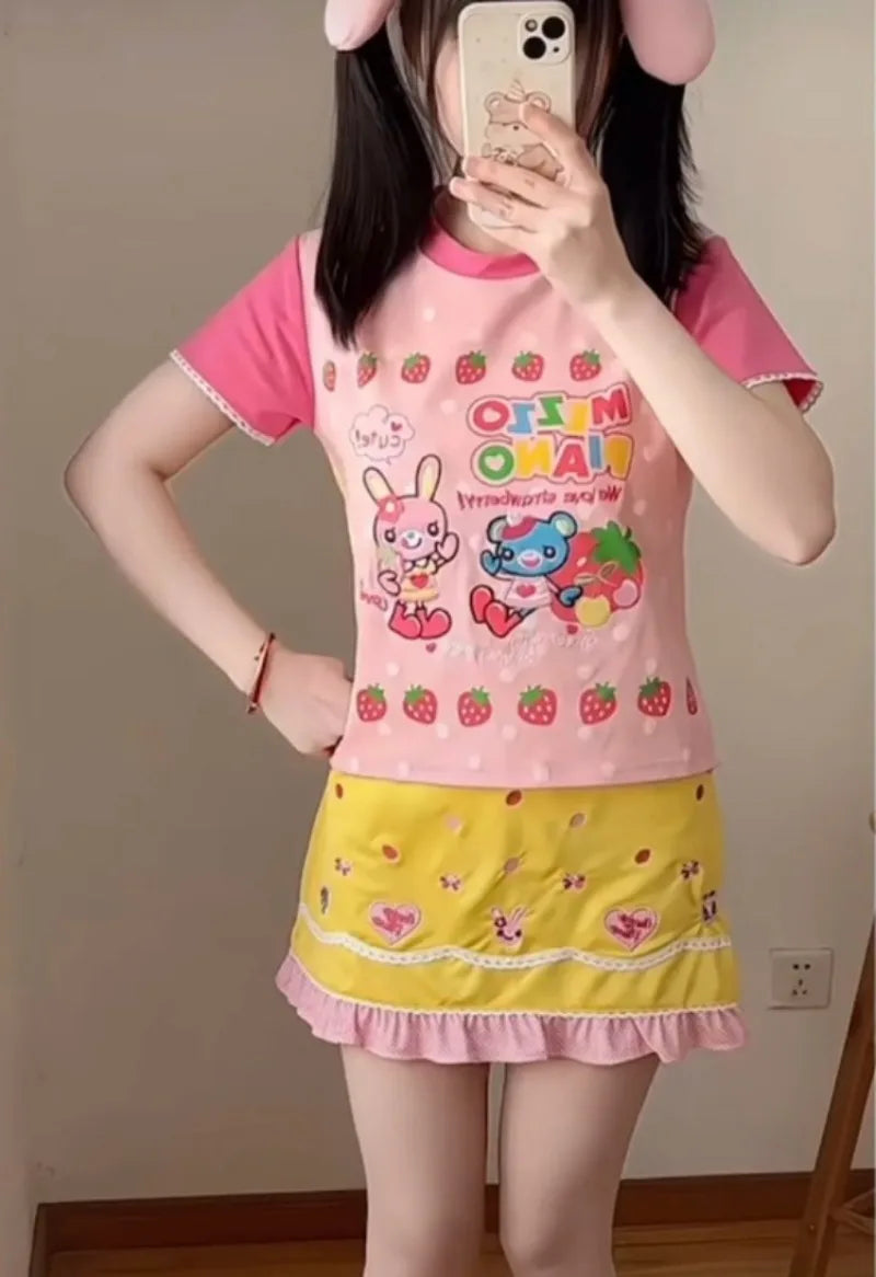 Japanese Kawaii Cartoon Print Tshirt Women Harajuku Color Patchwork Lace Sleeve Fairy T-shirt Y2k Aesthetic Grunge Cropped Tees