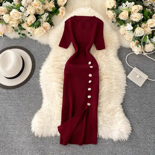 Load image into Gallery viewer, Summer Korean Solid Round Neck Slim Single Breasted Short Sleeve Long Dress Women Festival Wrap Hip Split Knitted Dress Popular
