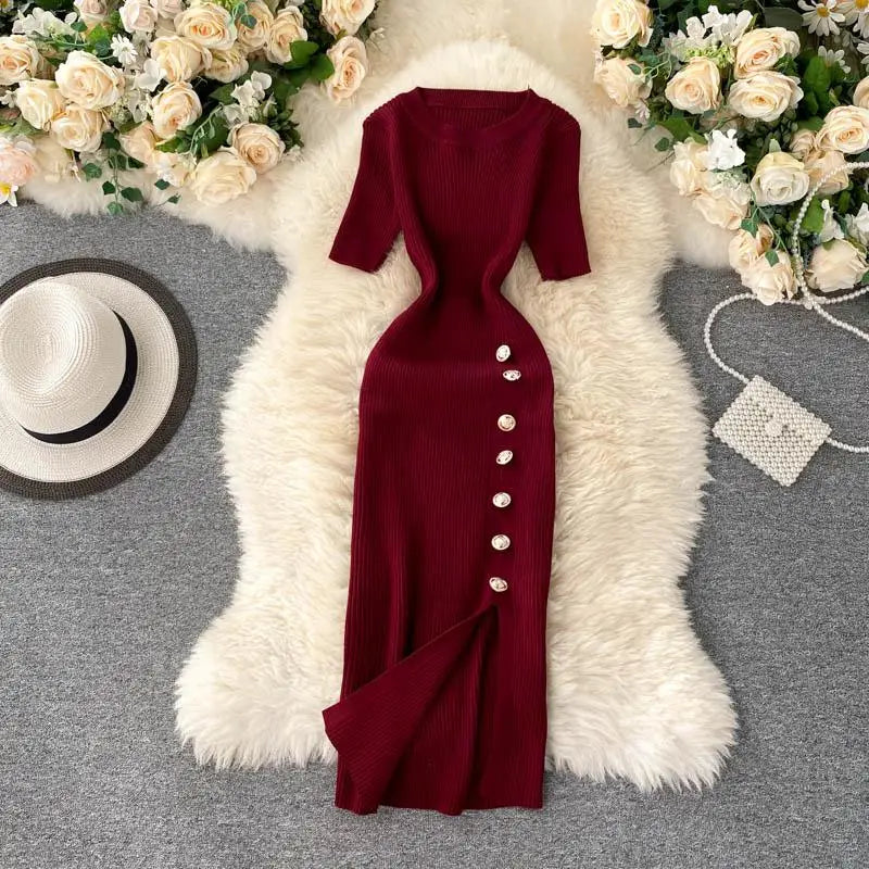 Summer Korean Solid Round Neck Slim Single Breasted Short Sleeve Long Dress Women Festival Wrap Hip Split Knitted Dress Popular
