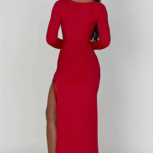 Load image into Gallery viewer, Long Sleeve Ruched High Split Maxi Dress Women Square Collar Drawstring Bodycon Sexy Party Long Dress Elegant Autumn

