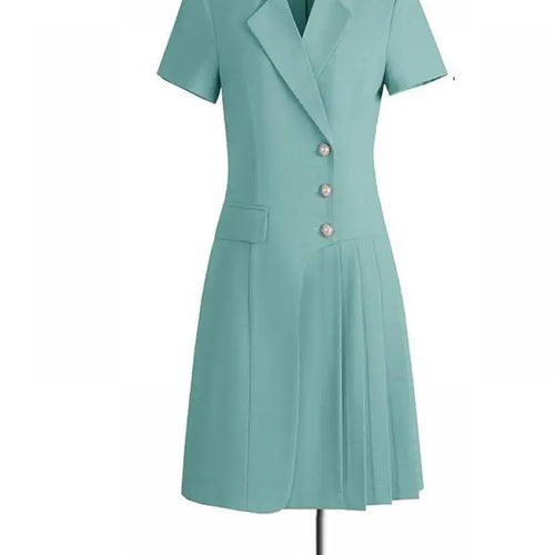 Load image into Gallery viewer, Korean Solid Office Professional Workwear Blazer Dress For Women 2024 Summer Short-sleeve Single Breasted Festival Pleated Dress
