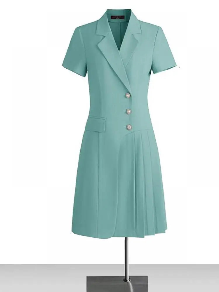 Korean Solid Office Professional Workwear Blazer Dress For Women 2024 Summer Short-sleeve Single Breasted Festival Pleated Dress