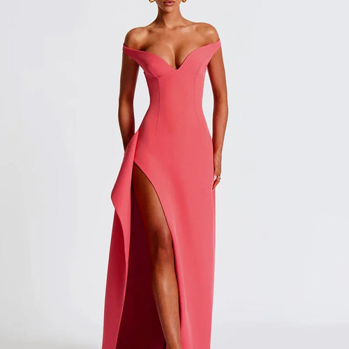 Load image into Gallery viewer, Off-shoulder Backless Split Sexy Maxi Dress Women Gown Pink Summer New Zipper Strapless Evening Club Party Long Dress
