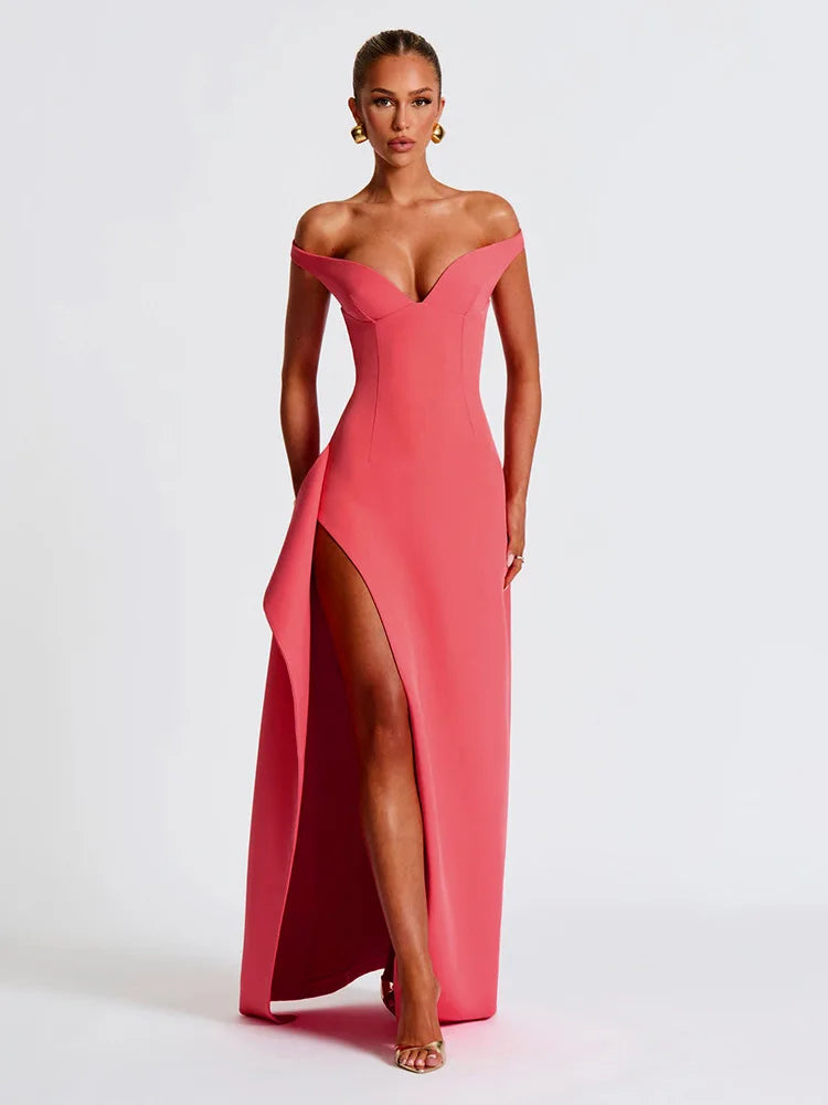 Off-shoulder Backless Split Sexy Maxi Dress Women Gown Pink Summer New Zipper Strapless Evening Club Party Long Dress