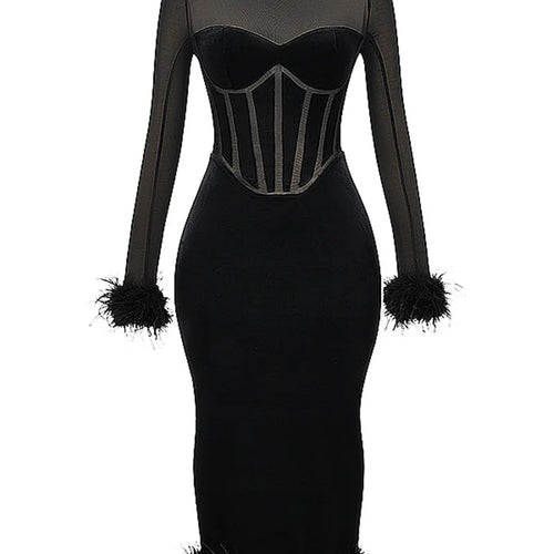 Load image into Gallery viewer, Elegant Feather Sexy Midi Dress For Women Black Fashion Sheer Long Sleeve Backless Bodycon Club Party Long Dress
