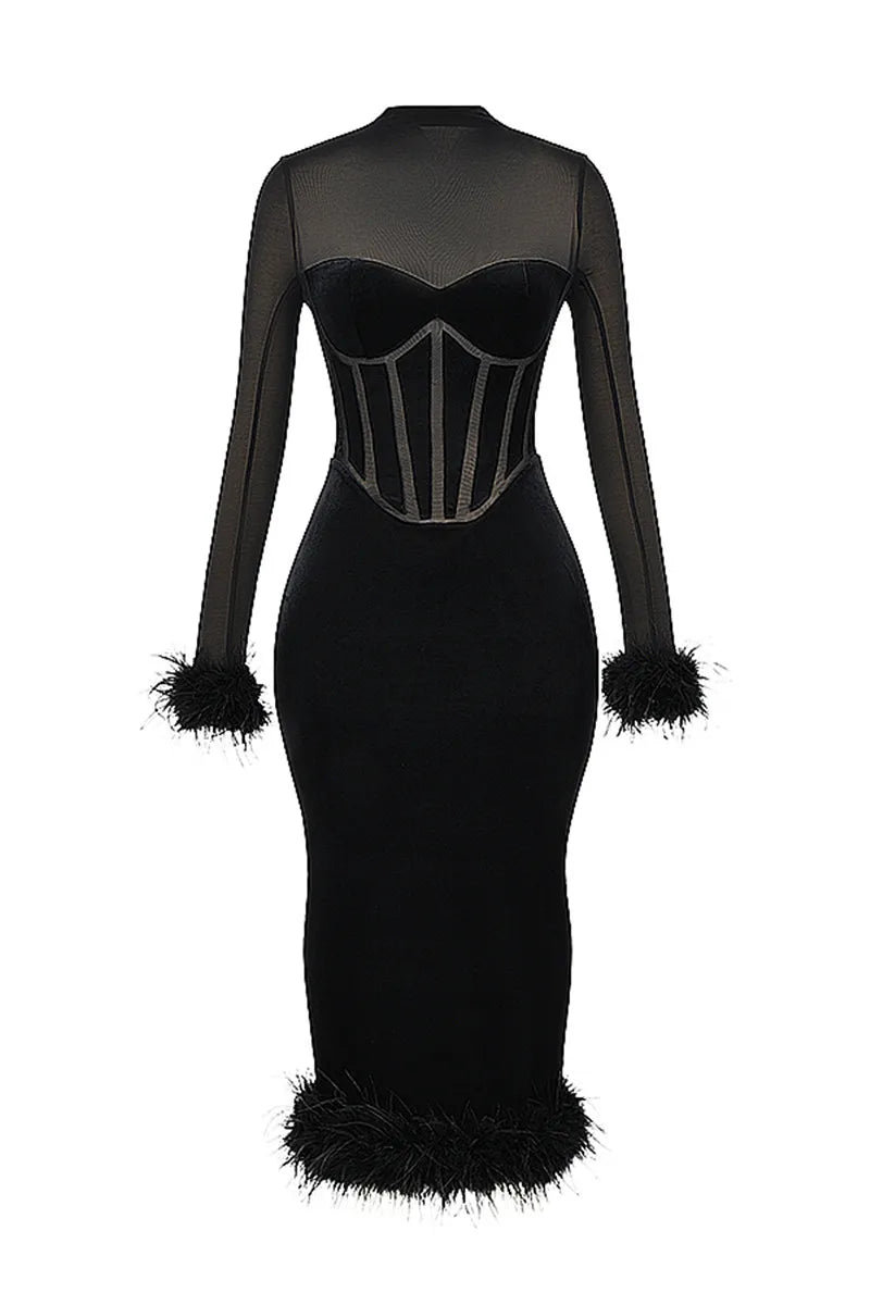 Elegant Feather Sexy Midi Dress For Women Black Fashion Sheer Long Sleeve Backless Bodycon Club Party Long Dress