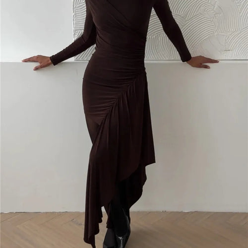 Load image into Gallery viewer, Long Sleeve Draped Ruched Sexy Maxi Dress For Women Gown Fashion Solid O Neck Bodycon Club Elegant Mini Dress Vestido
