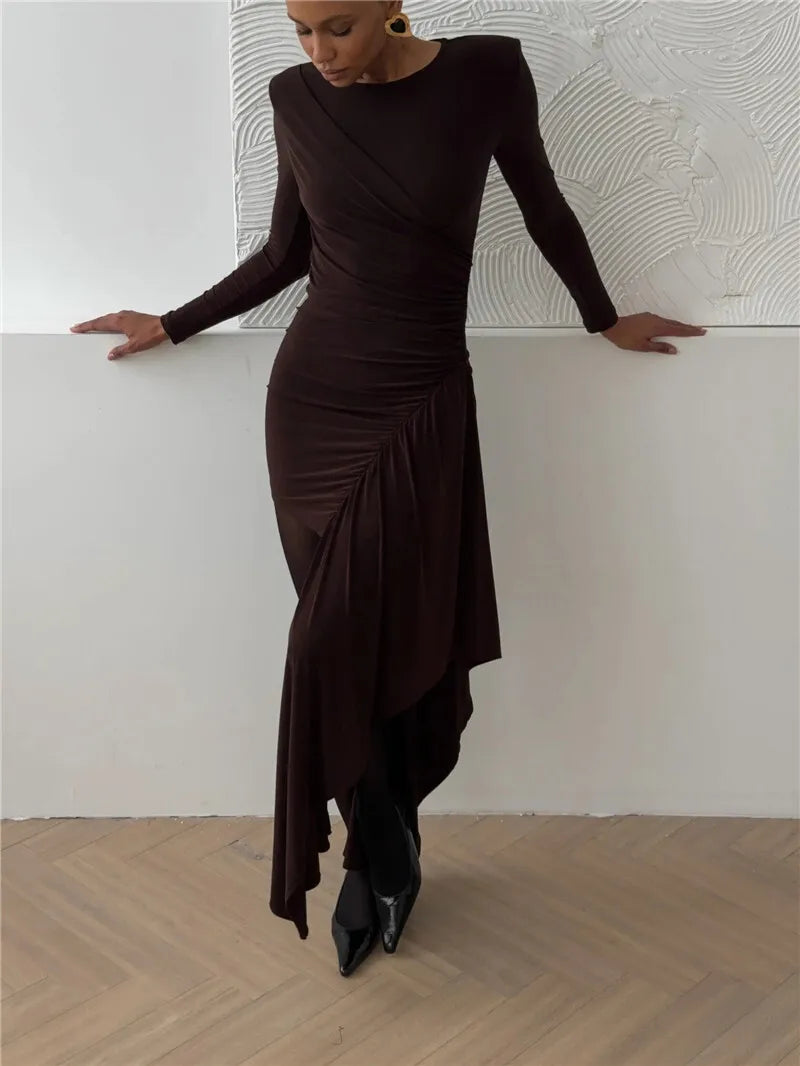 Long Sleeve Draped Ruched Sexy Maxi Dress For Women Gown Fashion Solid O Neck Bodycon Club Elegant Mini Dress Vestido