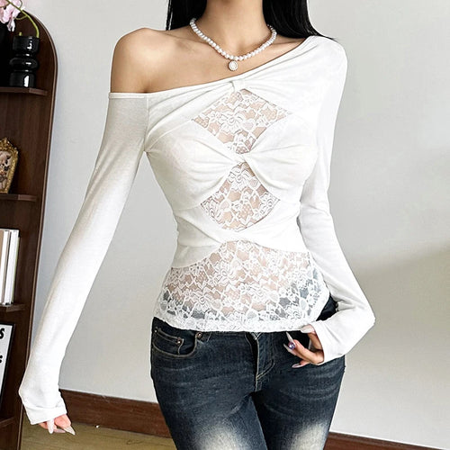 Load image into Gallery viewer, y2k Lace Top Women Coquette Clothing See Through Slash Neck One Shoulder Twist Front Long Sleeve T Shirt Streetwear

