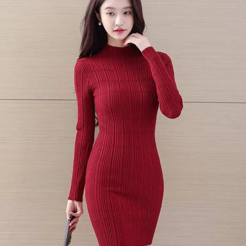Load image into Gallery viewer, Female Elegant Solid Knitted Short Dress Fashion Half High Neck Long Sleeve Mini Dresses 2023 Autumn Winter Women Party Club New
