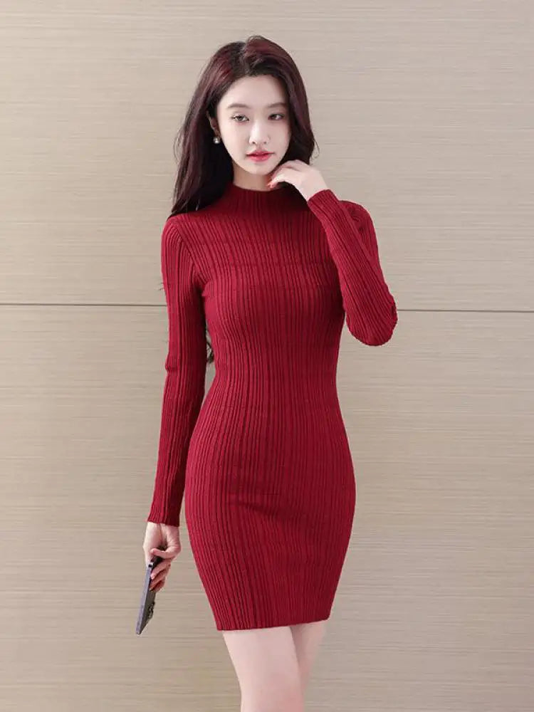 Female Elegant Solid Knitted Short Dress Fashion Half High Neck Long Sleeve Mini Dresses 2023 Autumn Winter Women Party Club New