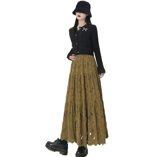 Load image into Gallery viewer, French Women Solid Velvet Lace Elegant Vacation Pleated Long Skirt 2024 Autumn Winter New High Waist Party Skirt Fashion Popular
