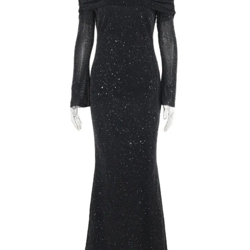 Load image into Gallery viewer, Glitter Off-shoulder Sexy Maxi Dress For Women Gown Black Strapless Long Sleeve Bodycon Club Party Sparkle Long Dress
