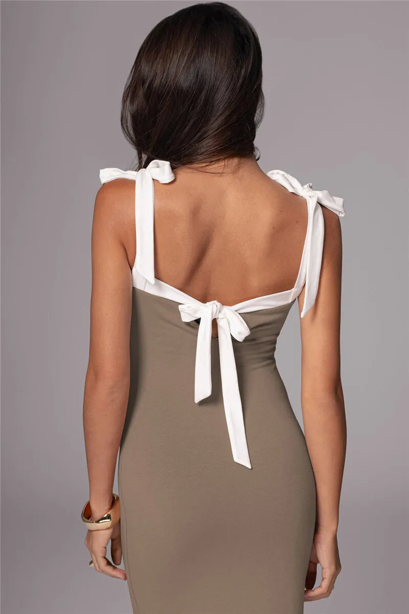 Lace-up Backless Sexy Maxi Dress Women Square Collar Patchwork Sleeveless Bodycon Club Party Sexy Long Dress Elegant